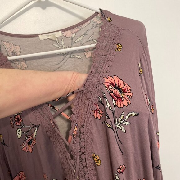MAURICES 2 Plus Size Crochet and Lace Up Floral Top Mauve Purple 3/4 Sleeve Boho - Picture 7 of 15